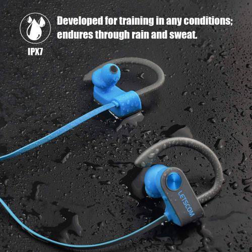  LETSCOM Bluetooth Headphones IPX7 Waterproof, Wireless Sport Earphones, Hifi Bass Stereo Sweatproof Earbuds W/Mic, Noise Cancelling Headset for Workout, Running, Gym, 8 Hours Play
