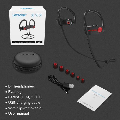  LETSCOM Bluetooth Headphones IPX7 Waterproof, Wireless Sport Earphones, HiFi Bass Stereo Sweatproof Earbuds w/Mic, Noise Cancelling Headset for Workout, Running, Gym, 8 Hours Play