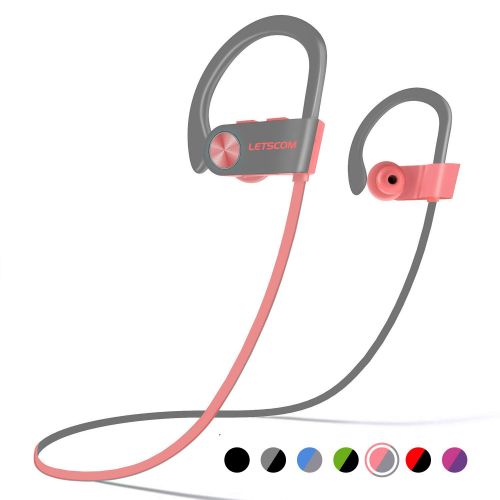  LETSCOM Bluetooth Headphones IPX7 Waterproof, Wireless Sport Earphones, HiFi Bass Stereo Sweatproof Earbuds W/Mic, Noise Cancelling Headset for Workout, Running, Gym, 8 Hours Play