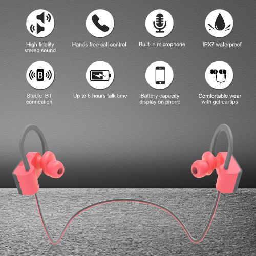  LETSCOM Bluetooth Headphones IPX7 Waterproof, Wireless Sport Earphones, HiFi Bass Stereo Sweatproof Earbuds W/Mic, Noise Cancelling Headset for Workout, Running, Gym, 8 Hours Play