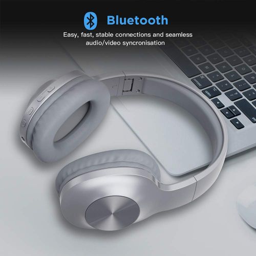  Bluetooth Headphones, LETSCOM 100 Hours Playtime Wireless Headphones Over Ear with Deep Bass, Hi-Fi Sound and Soft Memory Protein Earpads for Travel/Work -Silver