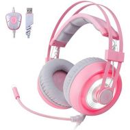 LETTON SADES G70 7.1 Stereo Surround Sound Gaming Headset with Mic, Noise Cancelling&Led Light, Cute USB Pink Girl Game Headphones with Volume Control for PC MAC Computer Games