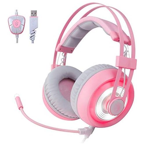  LETTON SADES G70 7.1 Stereo Surround Sound Gaming Headset with Mic, Noise Cancelling&Led Light, Cute USB Pink Girl Game Headphones with Volume Control for PC MAC Computer Games