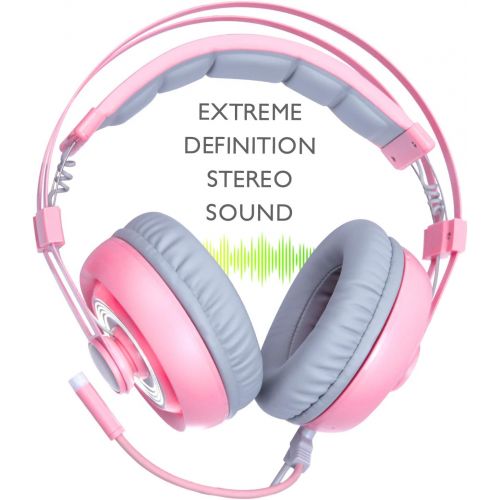  LETTON SADES G70 7.1 Stereo Surround Sound Gaming Headset with Mic, Noise Cancelling&Led Light, Cute USB Pink Girl Game Headphones with Volume Control for PC MAC Computer Games