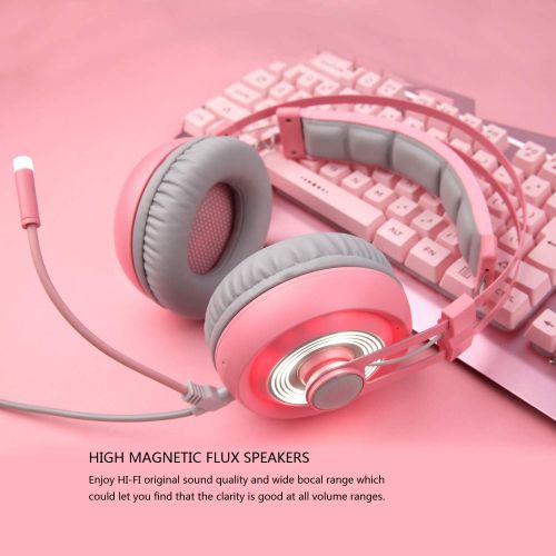  LETTON SADES G70 7.1 Stereo Surround Sound Gaming Headset with Mic, Noise Cancelling&Led Light, Cute USB Pink Girl Game Headphones with Volume Control for PC MAC Computer Games