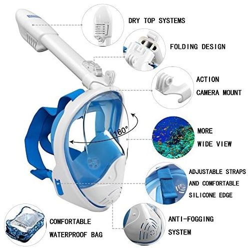  LEUCOTHEA Schnorchelmaske Tauchmasken Vollgesichtsmaske Faltbare 180 ° -Panorama-Ansicht Leichtes Tauchen Schwimmen mit Abnehmbarer Action-Kamerahalterung Anti-Fog Anti-Leak fuer Er