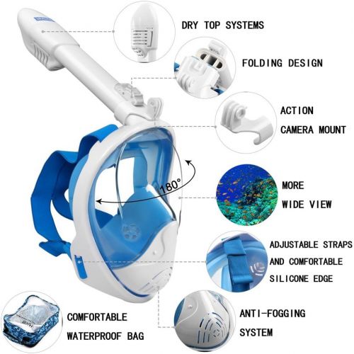  LEUCOTHEA Schnorchelmaske Tauchmasken Vollgesichtsmaske Faltbare 180 ° -Panorama-Ansicht Leichtes Tauchen Schwimmen mit Abnehmbarer Action-Kamerahalterung Anti-Fog Anti-Leak fuer Er