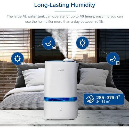  LEVOIT Humidifiers for Bedroom, 4L Ultrasonic Cool Mist Humidifier for Large Room Babies, Air Humidifier with Essential Oil Tray, Quiet Operation, Auto Shut-Off, Lasts up to 40 Hou