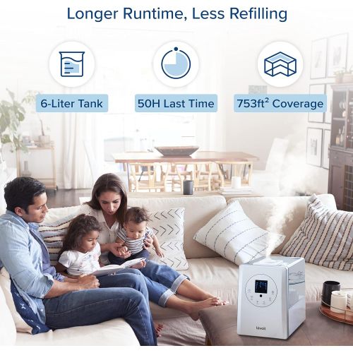  LEVOIT Humidifiers for Large Room Bedroom (6L), Warm and Cool Mist Ultrasonic Air Vaporizer for Home Whole House Babies, Customized Humidity, Remote Control, Whisper-Quiet, White