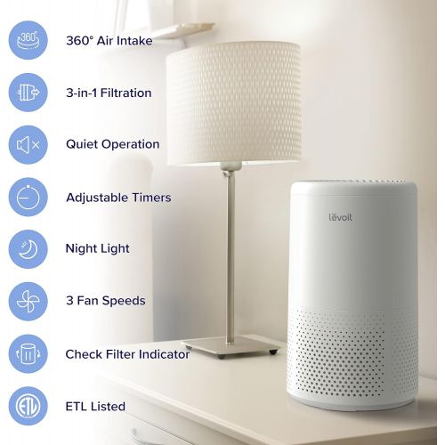  LEVOIT Air Purifiers for Home Allergies and Pets Hair, H13 True HEPA Air Purifier Filter, Quiet Filtration System in Bedroom, Removes Smoke Odor Dust Mold, Night Light & Timer, Vis