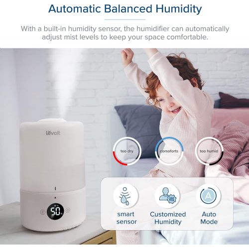  LEVOIT Ultrasonic Cool Mist Humidifiers, Adjustable 360° Rotation Nozzle, Auto Safety Shut Off, Lasts Up to 25 Hours, Filter Free, Optional LED Display Light, Ideal for Bedroom, 3L