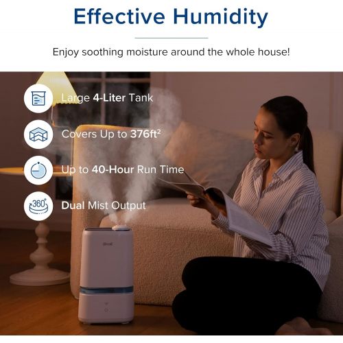  LEVOIT Humidifiers for Bedroom, Smart Wi-Fi Cool Mist Essential Oils Diffuser in one, 4L Ultrasonic Air Vaporizer for plants, baby, Quiet for home large room, nursery, 40 Hours, Cl