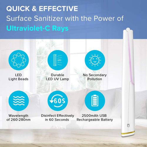  LEXONIX UV Light Sanitizer Wand, Portable UVC Travel Wand Ultraviolet Disinfector Lamp Without Chemicals for Hotel House Toilet Car, Germs Killing Function UV Sterilizer