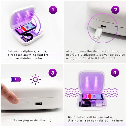  Lexonix Phone Cleaner Box - Wireless Charger, Fast Charging Cell Phone Cleaner, 3 in 1 Charging Sterilizer Compatible for iOS and Android (White, 15W)