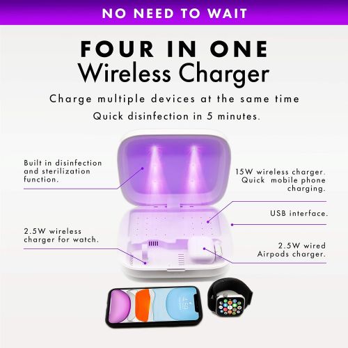  Lexonix Phone Cleaner Box - Wireless Charger, Fast Charging Cell Phone Cleaner, 3 in 1 Charging Sterilizer Compatible for iOS and Android (White, 15W)