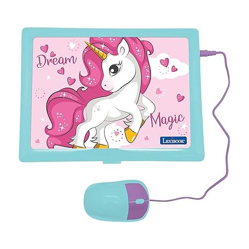  LEXiBOOK - Unicorn Educational and Bilingual Laptop Spanish/English - Toy for Children with 124 Activities to Learn Mathematics, Dactylography, Logic, Clock Reading, Play Games and Music - JC598UNIi2