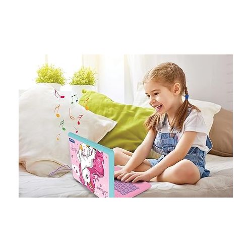  LEXiBOOK - Unicorn Educational and Bilingual Laptop Spanish/English - Toy for Children with 124 Activities to Learn Mathematics, Dactylography, Logic, Clock Reading, Play Games and Music - JC598UNIi2