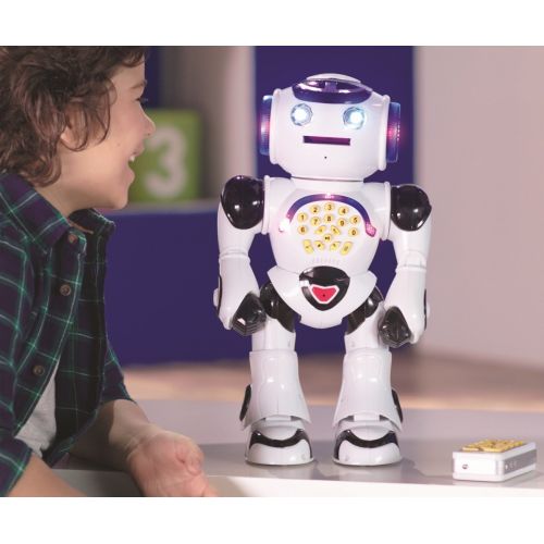  LEXiBOOK ROB50EN_09 Powerman Remote Control Walking Talking Toy Robot, Educational Robot, Dances, Sings, Reads Stories, Math Quiz, Shooting Discs, & Voice Mimicking, Black, White