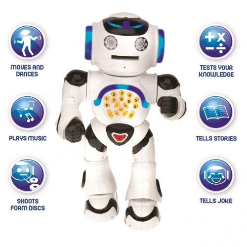  LEXiBOOK ROB50EN_09 Powerman Remote Control Walking Talking Toy Robot, Educational Robot, Dances, Sings, Reads Stories, Math Quiz, Shooting Discs, & Voice Mimicking, Black, White