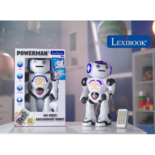  LEXiBOOK ROB50EN_09 Powerman Remote Control Walking Talking Toy Robot, Educational Robot, Dances, Sings, Reads Stories, Math Quiz, Shooting Discs, & Voice Mimicking, Black, White