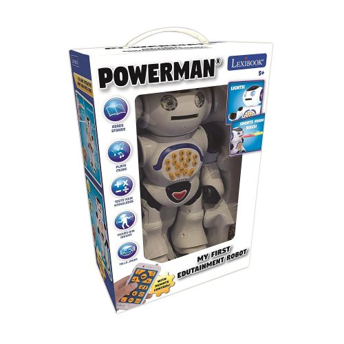  LEXiBOOK ROB50EN_09 Powerman Remote Control Walking Talking Toy Robot, Educational Robot, Dances, Sings, Reads Stories, Math Quiz, Shooting Discs, & Voice Mimicking, Black, White