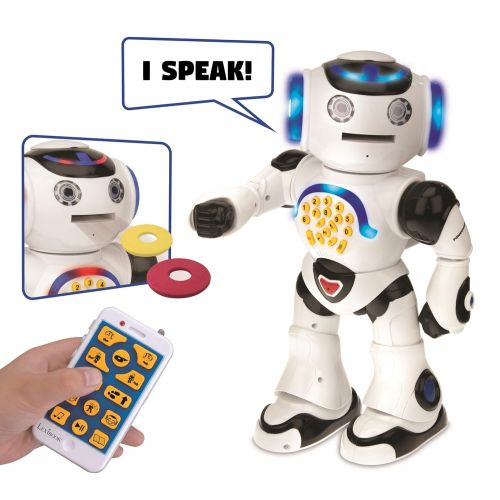  LEXiBOOK ROB50EN_09 Powerman Remote Control Walking Talking Toy Robot, Educational Robot, Dances, Sings, Reads Stories, Math Quiz, Shooting Discs, & Voice Mimicking, Black, White