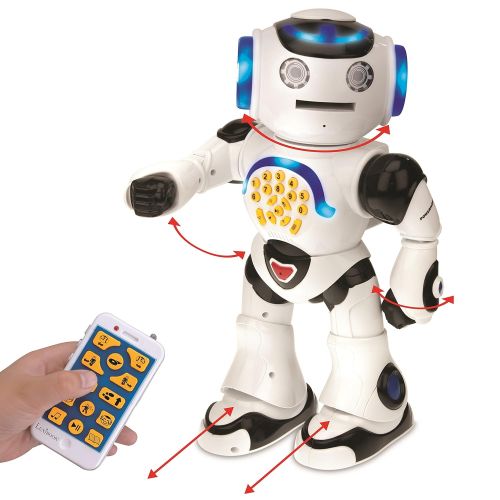  LEXiBOOK ROB50EN_09 Powerman Remote Control Walking Talking Toy Robot, Educational Robot, Dances, Sings, Reads Stories, Math Quiz, Shooting Discs, & Voice Mimicking, Black, White