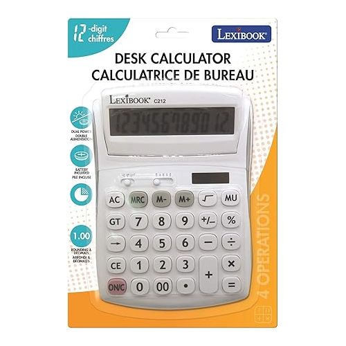  Lexibook - 12 Digit Desktop Calculator with Folding Display - Basic and Memory Function - Large Keys and Screen for Office, School, Home - Solar & Batteries - White/Gray - C212