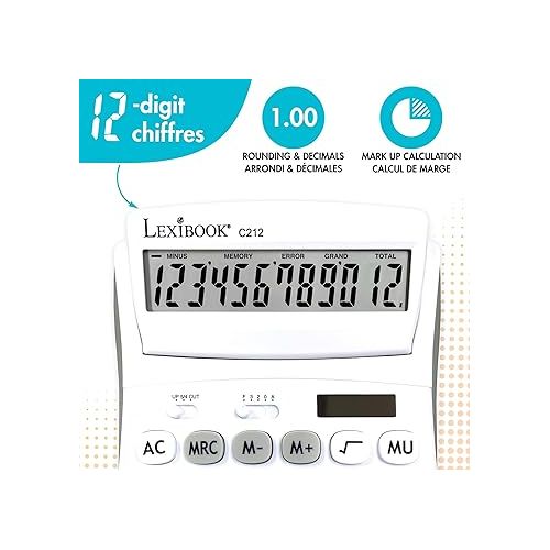  Lexibook - 12 Digit Desktop Calculator with Folding Display - Basic and Memory Function - Large Keys and Screen for Office, School, Home - Solar & Batteries - White/Gray - C212