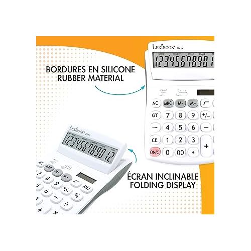  Lexibook - 12 Digit Desktop Calculator with Folding Display - Basic and Memory Function - Large Keys and Screen for Office, School, Home - Solar & Batteries - White/Gray - C212