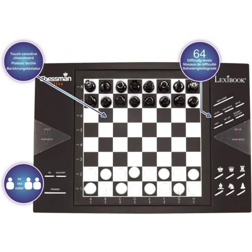  Lexibook CG1300 ChessMan Elite Interactive electronic chess game, 64 levels of difficulty, LEDs, battery powered, black / white