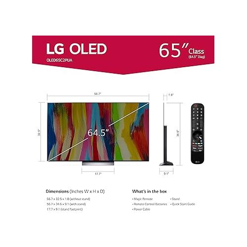  LG 65-Inch Class OLED evo C2 Series Alexa Built-in 4K Smart TV, 120Hz Refresh Rate, AI-Powered 4K, Dolby Vision IQ and Atmos, WiSA Ready, Cloud Gaming (OLED65C2PUA, 2022) (Renewed)