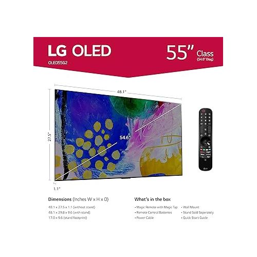  LG 55-Inch Class OLED evo Gallery Edition G2 Series Alexa Built-in 4K Smart TV, 120Hz Refresh Rate, AI-Powered 4K, Dolby Vision IQ and Dolby Atmos, WiSA Ready, Cloud Gaming (OLED55G2PUA, 2022)