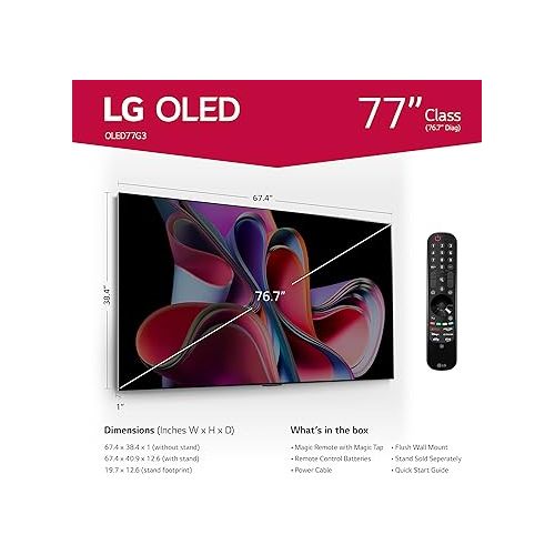  LG G3 Series 77-Inch Class OLED evo 4K Processor Smart Flat Screen TV for Gaming with Magic Remote AI-Powered Gallery Edition OLED77G3PUA, 2023 with Alexa Built-in