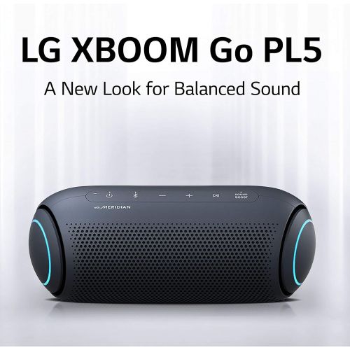  LG XBOOM Go Speaker PL5 Portable Wireless Bluetooth, Dual Action Bass, Sound by Meridian, Water-Resistant, Sound Boost EQ, 18 Hour Battery Life, LED Lighting - Black