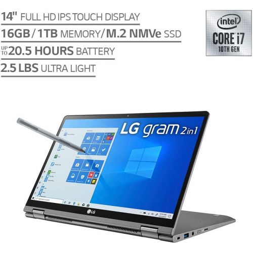  [아마존베스트]LG Gram 2-in-1 Convertible Laptop: 14 Full HD IPS Touchscreen Display, Intel 10th Gen Core i7-10510U CPU, 16GB RAM, 1TB (512GB x 2) M.2 MVMe SSD, Thunderbolt 3, 20.5 Hour Battery 1