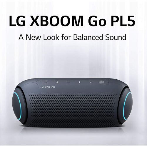  LG XBOOM Go Speaker PL5 Portable Wireless Bluetooth, Dual Action Bass, Sound by Meridian, Water Resistant, Sound Boost EQ, 18 Hour Battery Life, LED Lighting Black