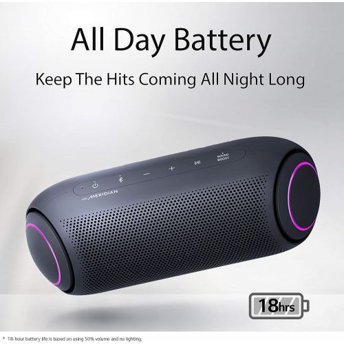  LG XBOOM Go Speaker PL5 Portable Wireless Bluetooth, Dual Action Bass, Sound by Meridian, Water Resistant, Sound Boost EQ, 18 Hour Battery Life, LED Lighting Black