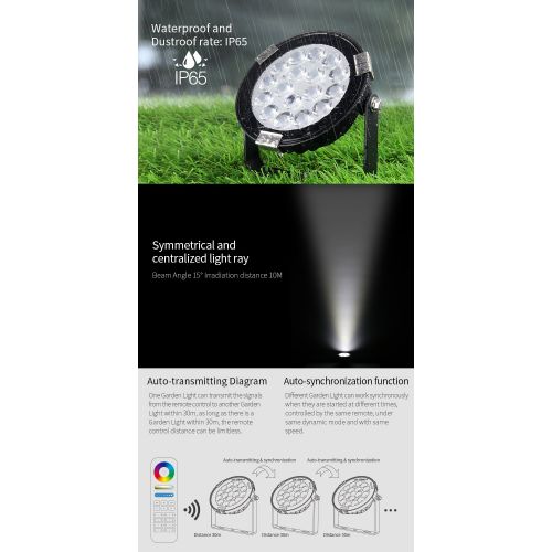  LGIDTECH Mi.Light 9W RGB+CCT DC 24V Outdoor LED 2.4GHz WiFi Garden Spotlight 16 Million Colors Changing,Color Temperature Adjustable Works With Remote Smartphone Control Via iBox H