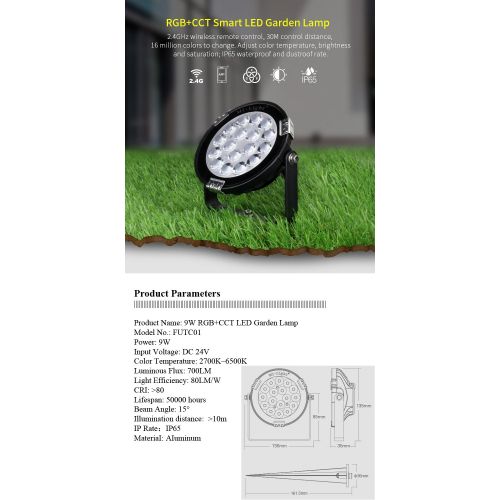  LGIDTECH Mi.Light 9W RGB+CCT DC 24V Outdoor LED 2.4GHz WiFi Garden Spotlight 16 Million Colors Changing,Color Temperature Adjustable Works With Remote Smartphone Control Via iBox H