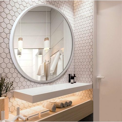  LH-Mirror Round Wall Bathroom Mirror Hanging Mirror | Wall Mounted Vanity Mirror | Circle Make-up Mirror | White Wood Frame (Size : 70cm)