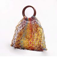 LHKFNU Cotton Rope Hollow Straw Bag Sheer Macrame Tote Ring Rattan Handle Net Bag Retro Chic Handbag Colorful