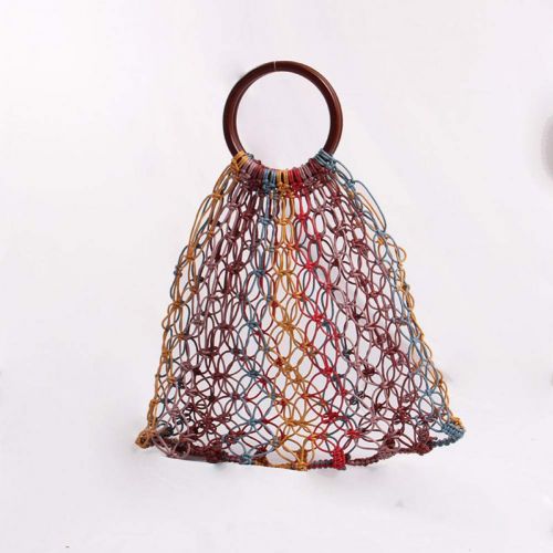  LHKFNU Cotton Rope Hollow Straw Bag Sheer Macrame Tote Ring Rattan Handle Net Bag Retro Chic Handbag Colorful