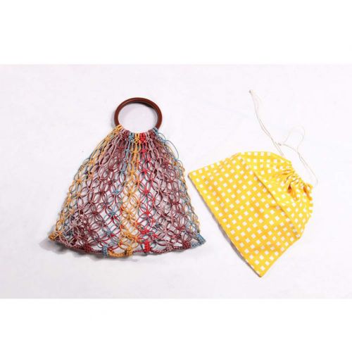  LHKFNU Cotton Rope Hollow Straw Bag Sheer Macrame Tote Ring Rattan Handle Net Bag Retro Chic Handbag Colorful
