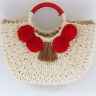 LHKFNU New Travel Handbags Retro Basket Bag Leisure Tote Hair Ball Pompom Beach Bag for Women Handmade Tassel Straw Bags