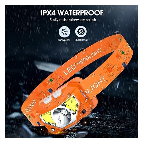  LHKNL Headlamp Flashlight,1200 Lumen Ultra-Light Bright LED Rechargeable Headlight with White Red Light,2-Pack Waterproof Motion Sensor Head Lamp,8 Mode for Outdoor Camping Running Fishing- Orange