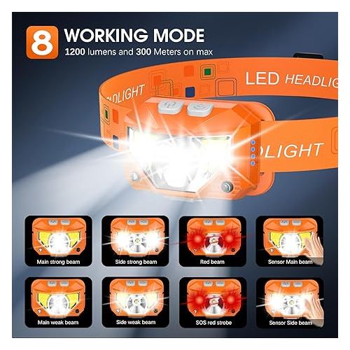  LHKNL Headlamp Flashlight,1200 Lumen Ultra-Light Bright LED Rechargeable Headlight with White Red Light,2-Pack Waterproof Motion Sensor Head Lamp,8 Mode for Outdoor Camping Running Fishing- Orange