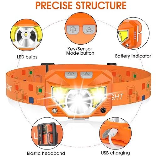  LHKNL Headlamp Flashlight,1200 Lumen Ultra-Light Bright LED Rechargeable Headlight with White Red Light,2-Pack Waterproof Motion Sensor Head Lamp,8 Mode for Outdoor Camping Running Fishing- Orange