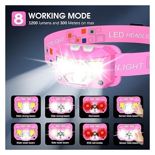  LHKNL Headlamp Flashlight, 1200 High Lumen Bright LED Rechargeable Headlight with White Red Light, 2-Pack Waterproof Motion Sensor Head Lamp, 8 Mode for Camping Running Hiking Fishing Gear- Pink