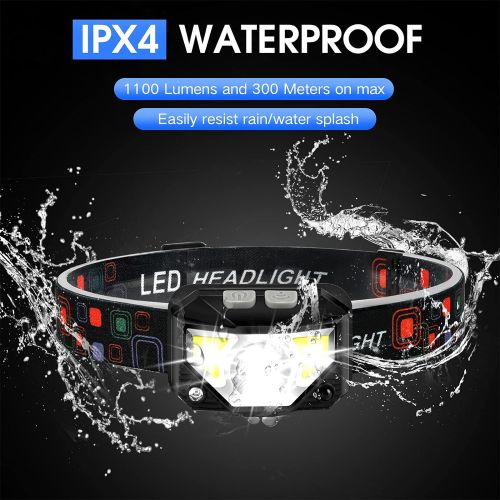  Headlamp Flashlight, LHKNL 1100 Lumen Ultra-Light Bright LED Rechargeable Headlight with White Red Light, 2-PACK Waterproof Motion Sensor Head Lamp, 8 Modes for Outdoor Camping Run
